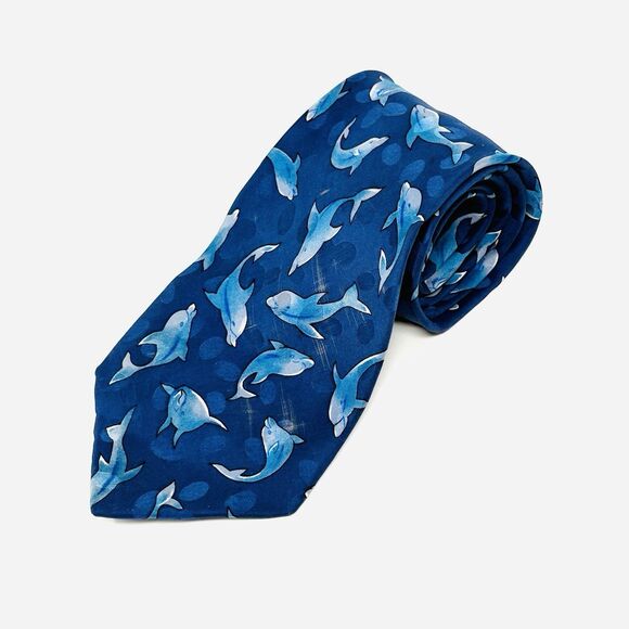 ADDICTION MENS 100% SILK TIE 4 X 59 BLUE WITH DOLPHINS MIAMI OCEAN MARINE - Picture 1 of 6